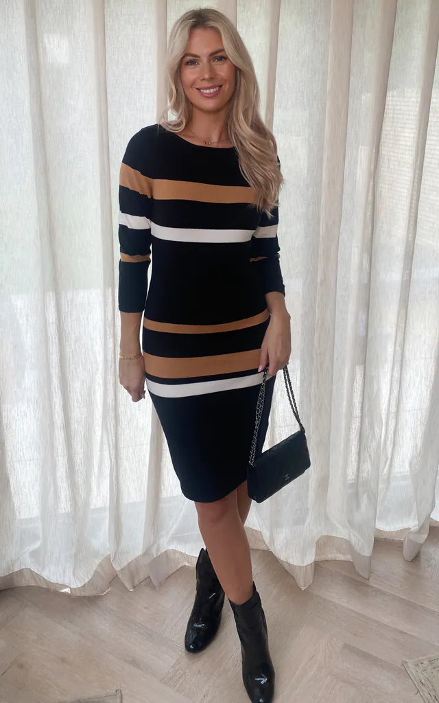 knit striped knitted bodycon dress The Striped Knitted Low Back Longsleeve Dress