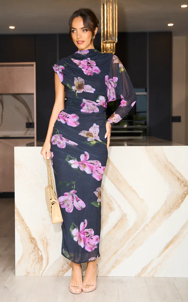 Maya Printed asymmetric drape midi dress with on sleeve | Edie b. | SilkFred Maya Printed asymmetric drape midi dress with on sleeve | Edie b. | SilkFred