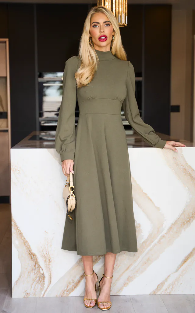 Khaki High neck Long Sleeve Midi skater dress | SIGNAGE | SilkFred Khaki High neck Long Sleeve Midi skater dress | SIGNAGE | SilkFred