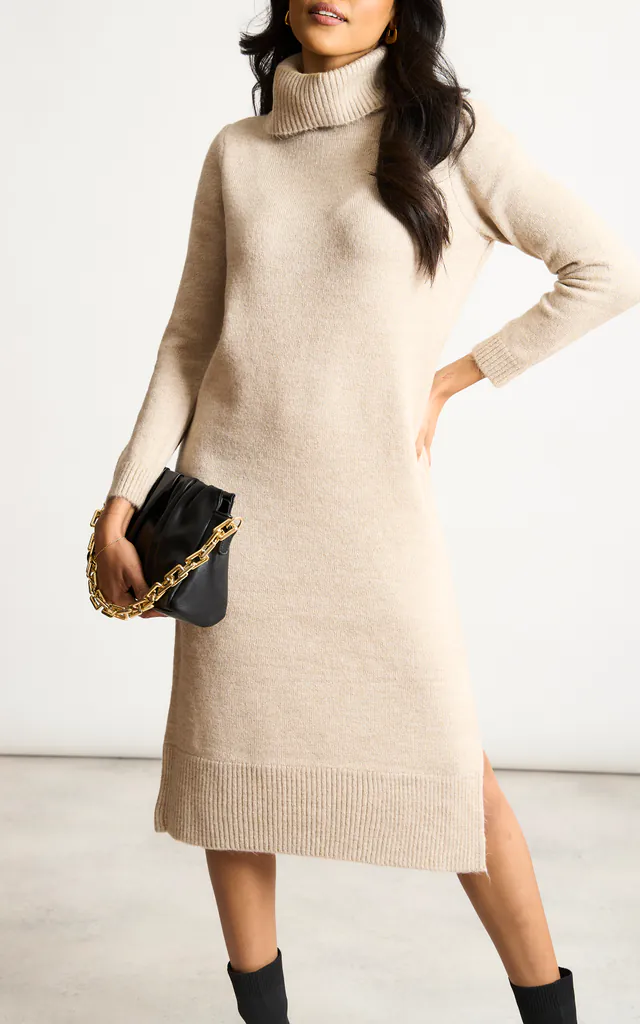 Knitted Midi Dress with Roll Neck in Beige | ONLY | SilkFred Knitted Midi Dress with Roll Neck in Beige | ONLY | SilkFred