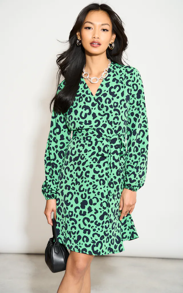green leopard wrap dress Sarta Women's Green Leopard Print Faux Wrap Maxi Dress