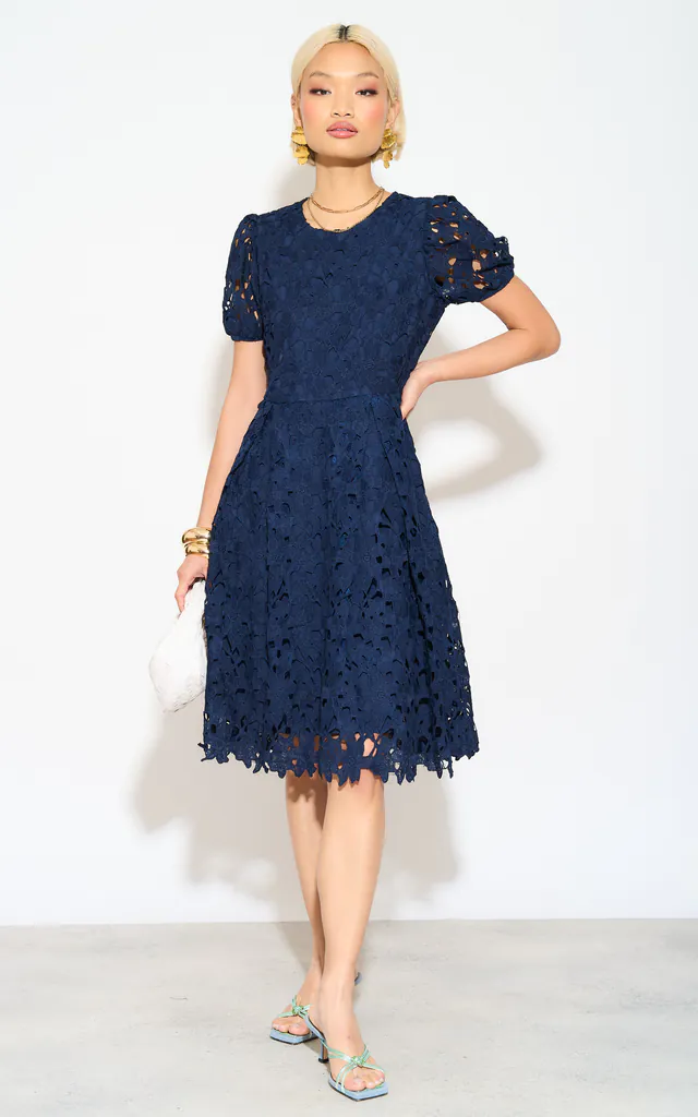 Navy Lace Skater Dress With Puff Sleeves | Yumi | SilkFred Navy Lace Skater Dress With Puff Sleeves | Yumi | SilkFred