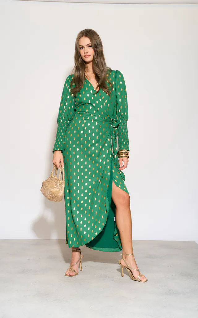 Green Long Sleeve Asymmetric Ruched Gold foil Spot Midi Wrap Dress | Glamorous | SilkFred Green Long Sleeve Asymmetric Ruched Gold foil Spot Midi Wrap Dress | Glamorous | SilkFred