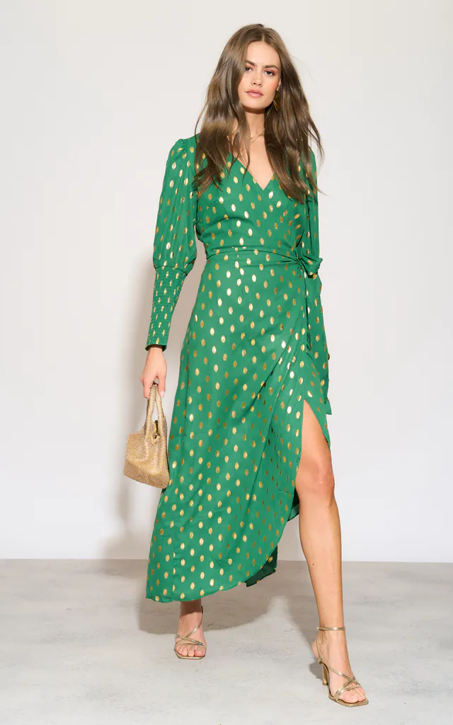Green Long Sleeve Asymmetric Ruched Gold foil Spot Midi Wrap Dress | Glamorous | SilkFred Green Long Sleeve Asymmetric Ruched Gold foil Spot Midi Wrap Dress | Glamorous | SilkFred