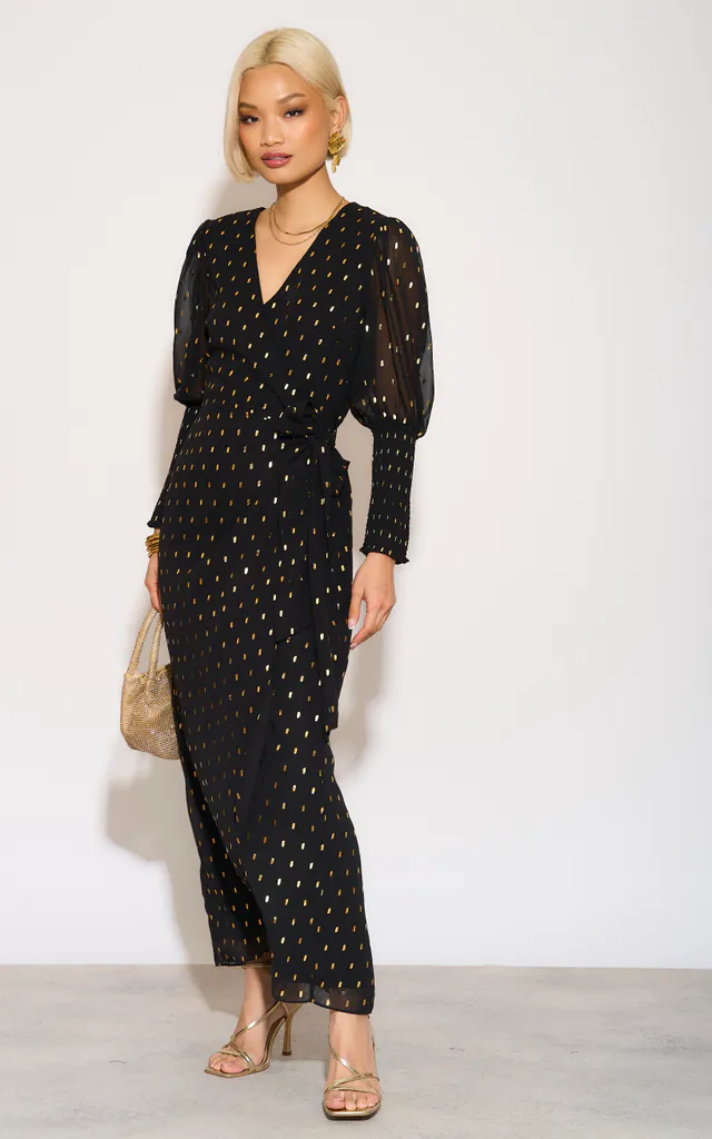 Black Long Sleeve Asymmetric Ruched Gold Foil Spot Midi Wrap Dress | Glamorous | SilkFred Black Long Sleeve Asymmetric Ruched Gold Foil Spot Midi Wrap Dress | Glamorous | SilkFred