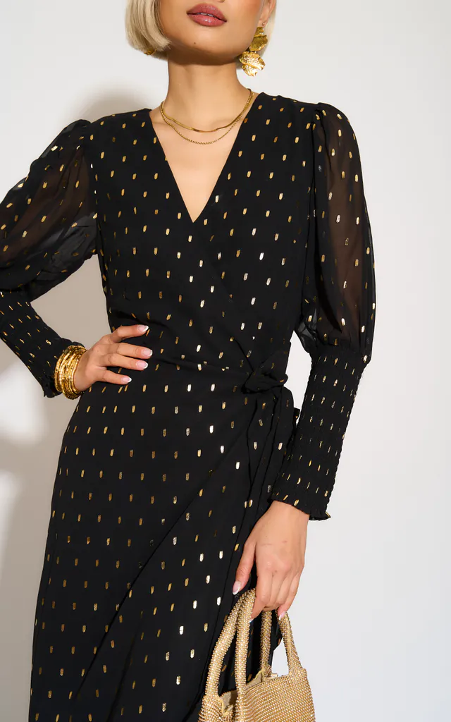 black foil long sleeve wrap midi dress Devina Black And Gold Foil Shirred Cuff Wrap Midi Dress
