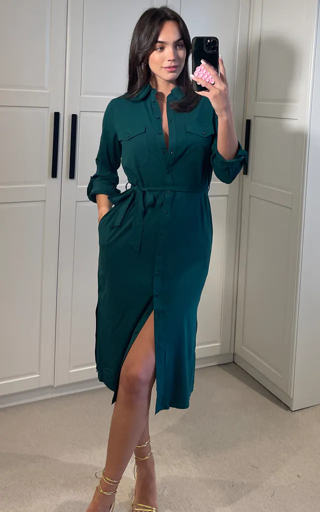 Green Utility Casa Midi Shirt Dress | APRICOT | SilkFred Green Utility Casa Midi Shirt Dress | APRICOT | SilkFred