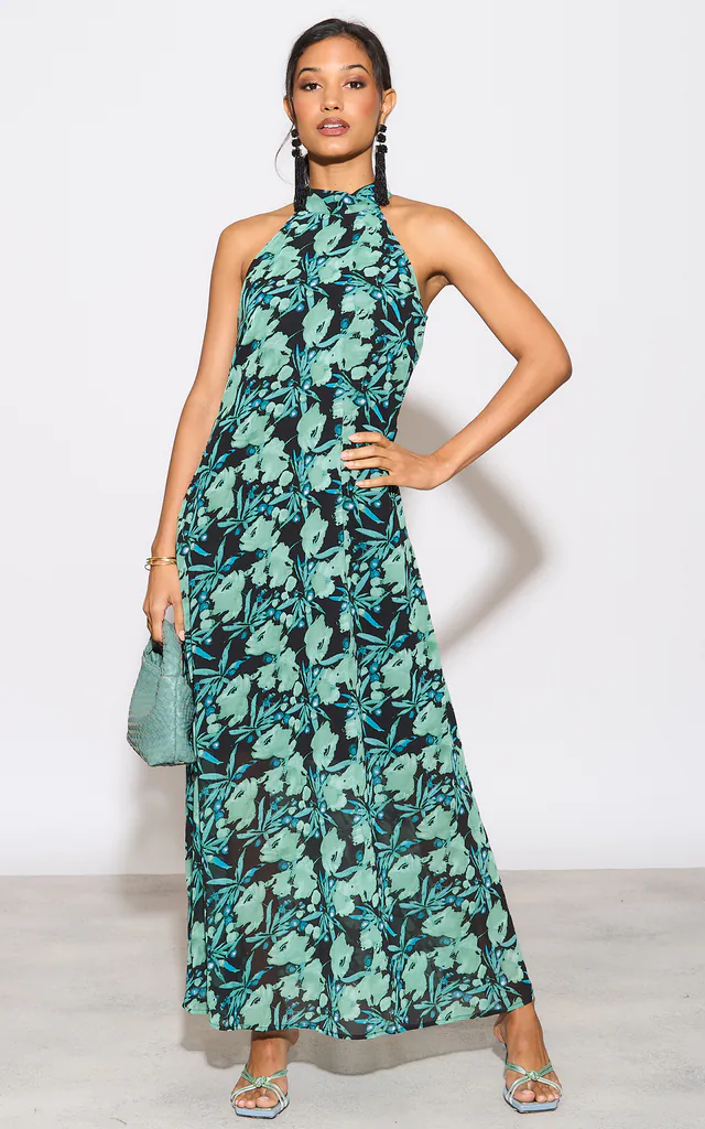 HALTERNECK MAXI DRESS WITH CUT OUT BACK DETAIL IN GREEN FLORAL PRINT | Religion | SilkFred HALTERNECK MAXI DRESS WITH CUT OUT BACK DETAIL IN GREEN FLORAL PRINT | Religion | SilkFred
