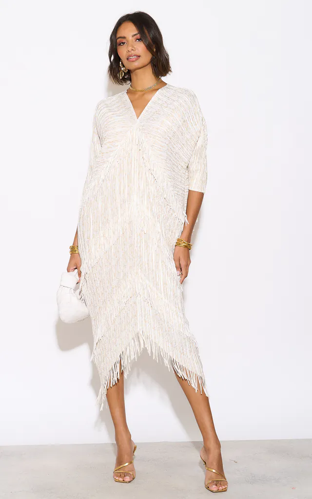 Layers Multi Fringed Tassel Pleated Midi Dress in White | CY Boutique | SilkFred Layers Multi Fringed Tassel Pleated Midi Dress in White | CY Boutique | SilkFred