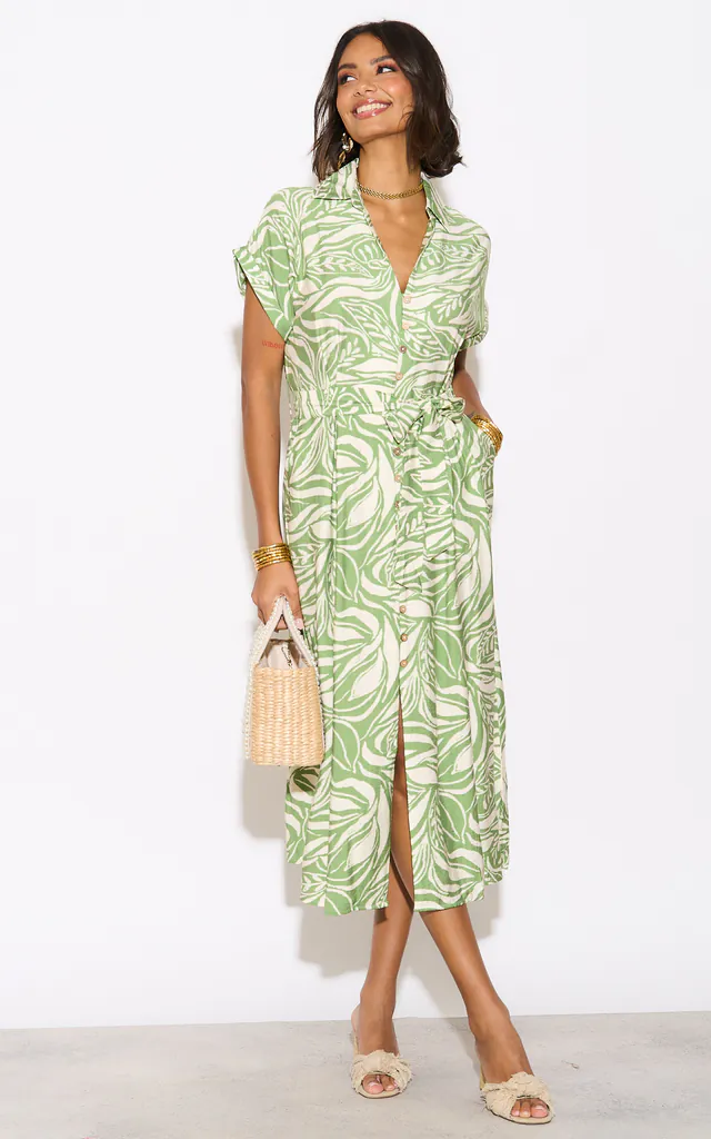 Multi Leaves' print Cotton Linen shirt dress short sleeves in Green | CY Boutique | SilkFred Multi Leaves' print Cotton Linen shirt dress short sleeves in Green | CY Boutique | SilkFred