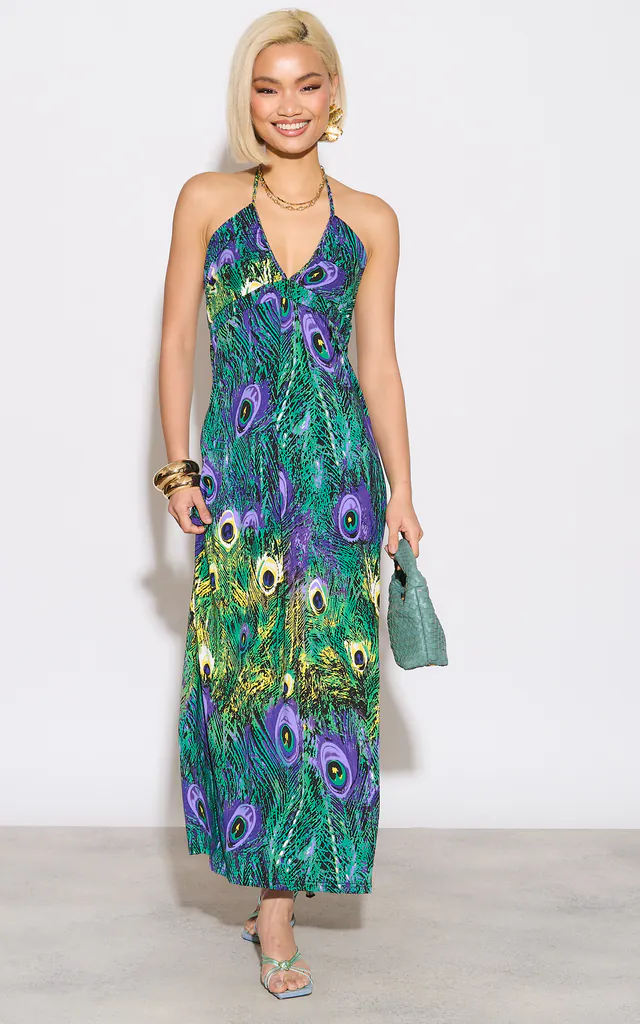 Multi Green Peacock Print Halter neck Maxi Dress | Izabel London | SilkFred Multi Green Peacock Print Halter neck Maxi Dress | Izabel London | SilkFred