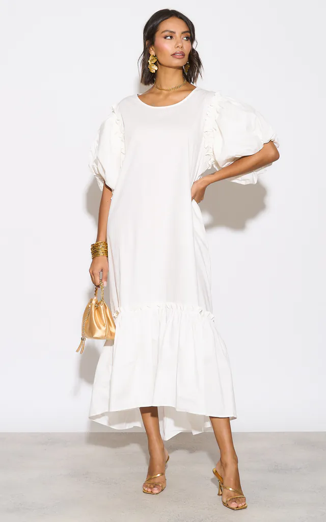 Oversized Puff Sleeves ruffle hem design Maxi dress in White | CY Boutique | SilkFred Oversized Puff Sleeves ruffle hem design Maxi dress in White | CY Boutique | SilkFred