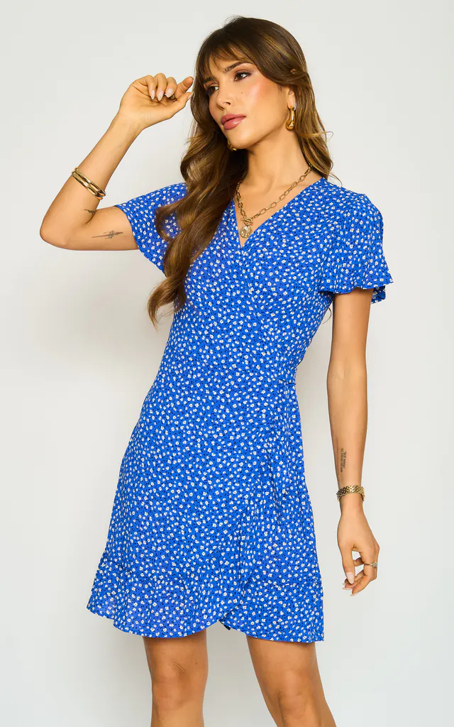 White Little Flower Print Angel Sleeve Mini Wrap Dress In Blue | FS Collection | SilkFred White Little Flower Print Angel Sleeve Mini Wrap Dress In Blue | FS Collection | SilkFred