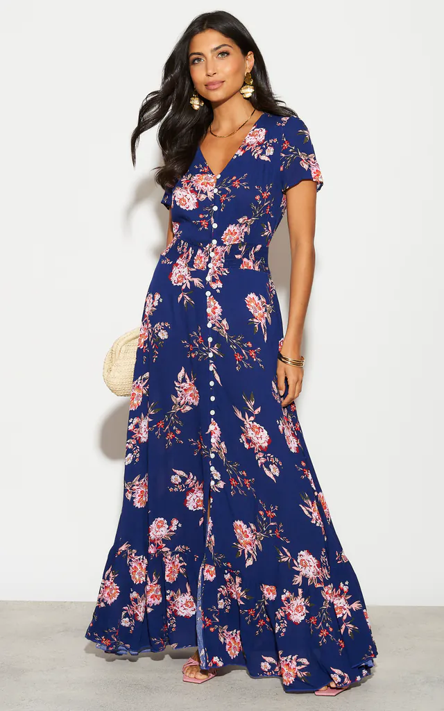 Short Sleeve Button Detail Maxi Dress in Blue Floral Print | ANGELEYE | SilkFred Short Sleeve Button Detail Maxi Dress in Blue Floral Print | ANGELEYE | SilkFred
