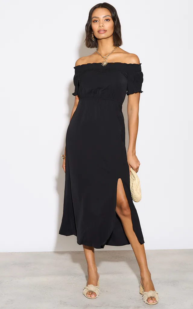 Black bardot dress with split leg | D.Anna | SilkFred Black bardot dress with split leg | D.Anna | SilkFred
