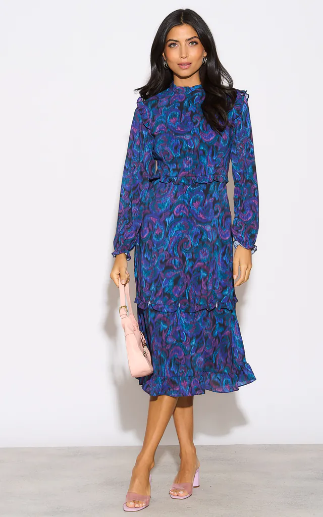 High Neck Ruffle Detail Midi Dress in Blue Paisley Print | ANGELEYE | SilkFred High Neck Ruffle Detail Midi Dress in Blue Paisley Print | ANGELEYE | SilkFred