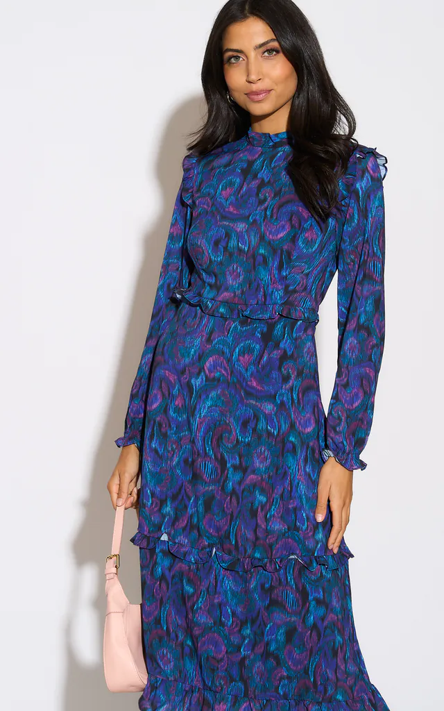 High Neck Ruffle Detail Midi Dress In Blue Paisley Print ANGELEYE high-neck-ruffle-detail-midi-dress-in-blue-paisley-print-angeleye