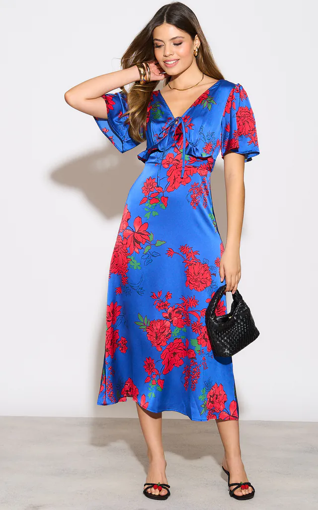 Blue with red floral maxi dress with ruffle detail | D.Anna | SilkFred Blue with red floral maxi dress with ruffle detail | D.Anna | SilkFred