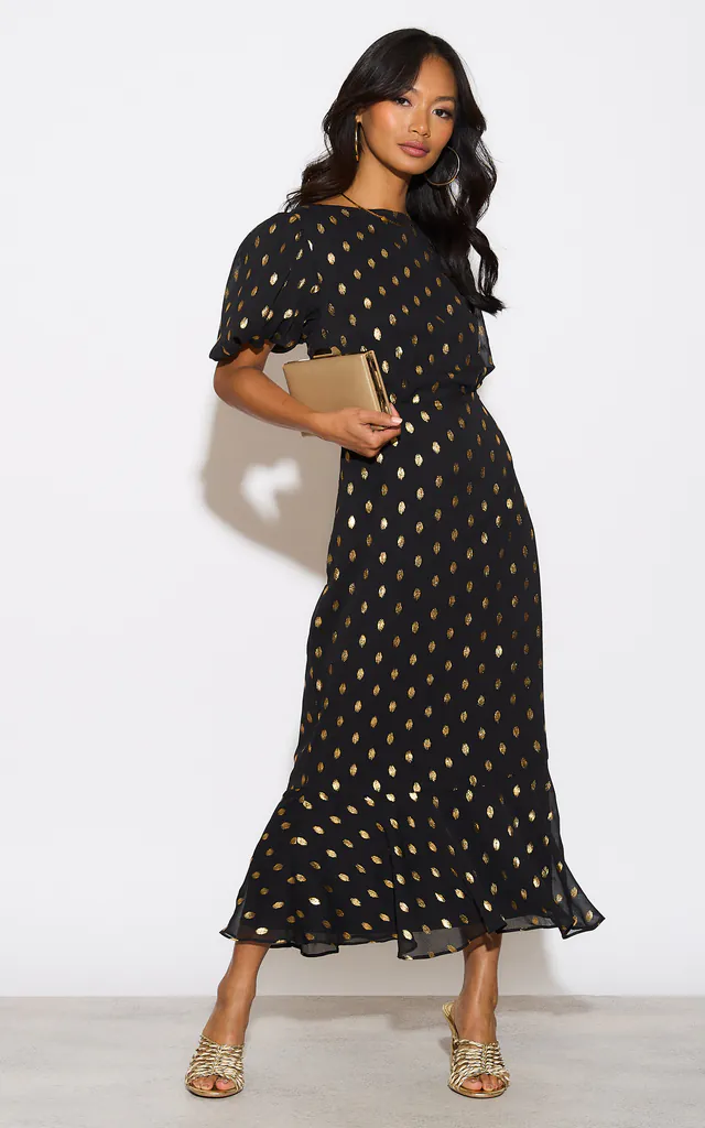 Black Chiffon Foil Puff Sleeve Midi Dress | Needs No Label | SilkFred Black Chiffon Foil Puff Sleeve Midi Dress | Needs No Label | SilkFred