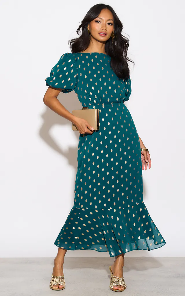Teal Chiffon Foil Puff Sleeve Midi Dress | Needs No Label | SilkFred Teal Chiffon Foil Puff Sleeve Midi Dress | Needs No Label | SilkFred
