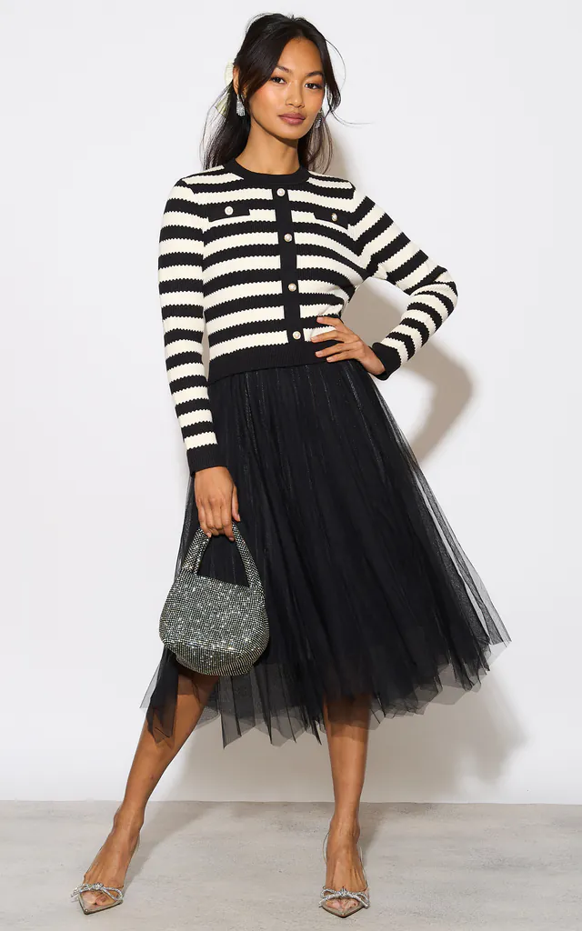 Black And White 2-In-1 Dress With Striped Top & Midi Mesh Skirt | Izabel London | SilkFred Black And White 2-In-1 Dress With Striped Top & Midi Mesh Skirt | Izabel London | SilkFred
