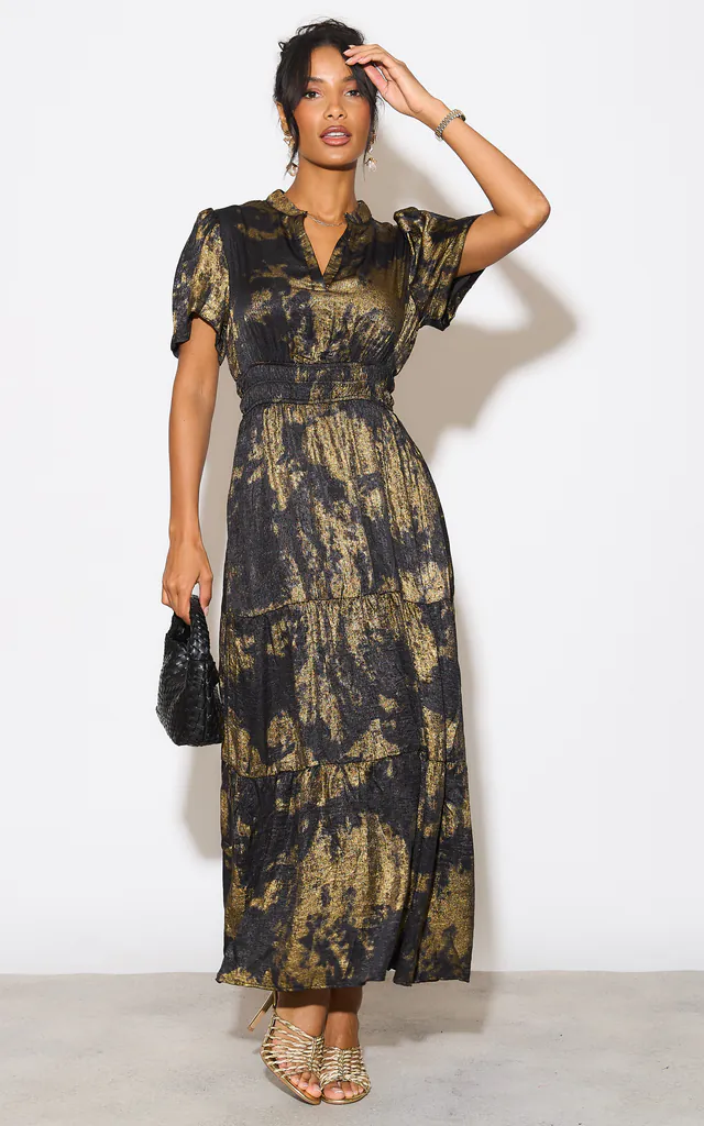 Roxy Tiered Maxi Dress Metallic- Black & Gold | Sarta | SilkFred Roxy Tiered Maxi Dress Metallic- Black & Gold | Sarta | SilkFred