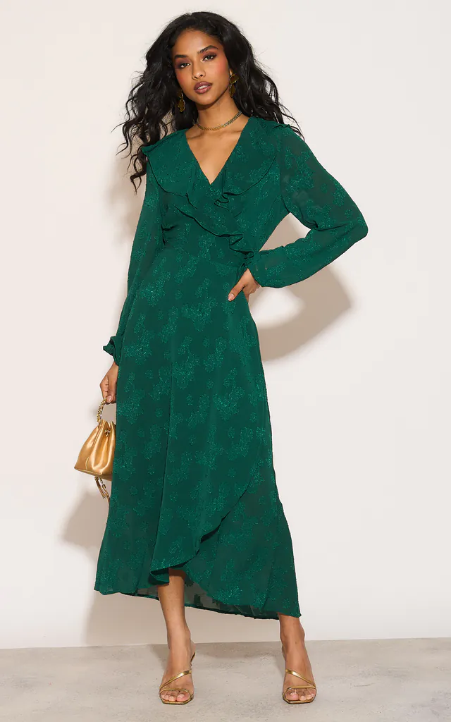 Ruffle wrap midi dress with blouson sleeve and rosette detail in green | Bella and Blue | SilkFred Ruffle wrap midi dress with blouson sleeve and rosette detail in green | Bella and Blue | SilkFred