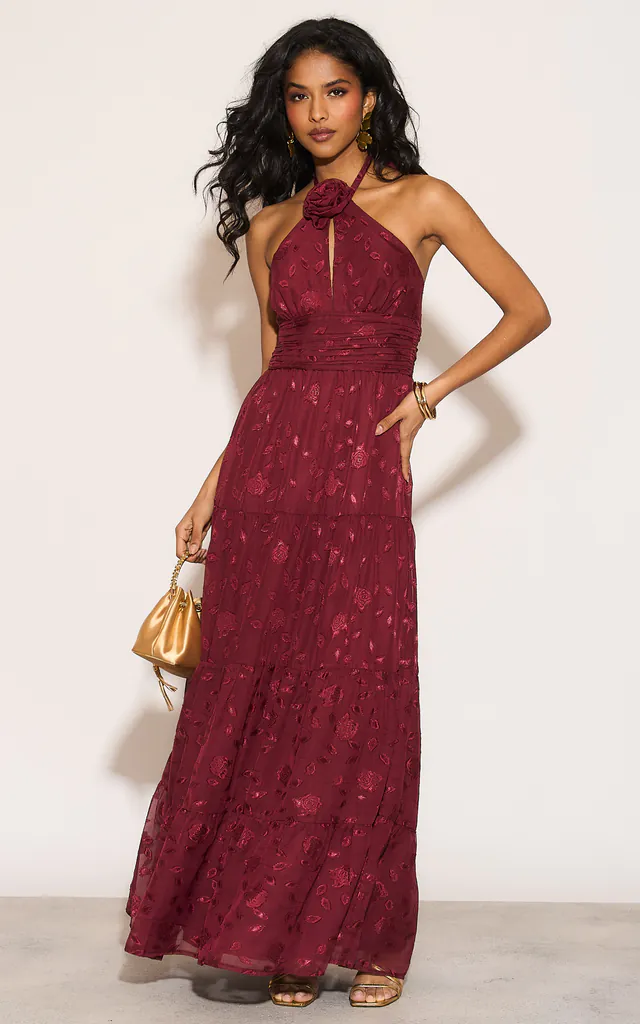 Burgundy Corsage Halter Floral Maxi Dress | Maya Deluxe | SilkFred Burgundy Corsage Halter Floral Maxi Dress | Maya Deluxe | SilkFred