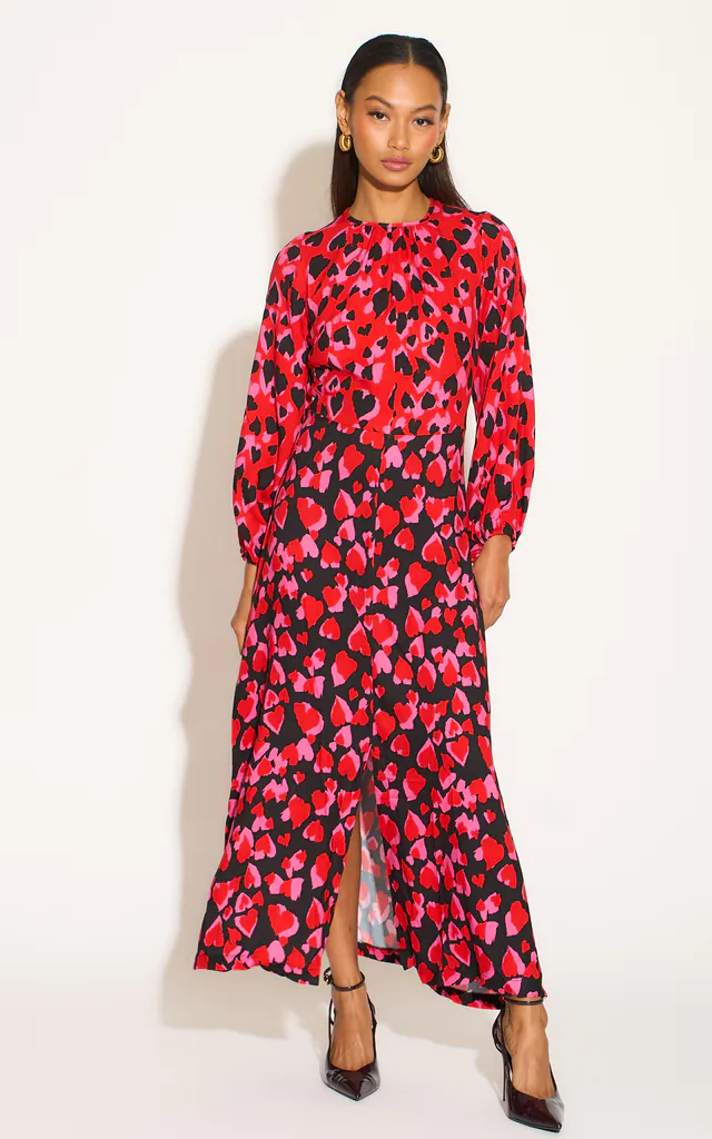 closet long sleeve split midi dress in mixed heart print Black Heart Printed Pleated Sleeve Midi Dress 10