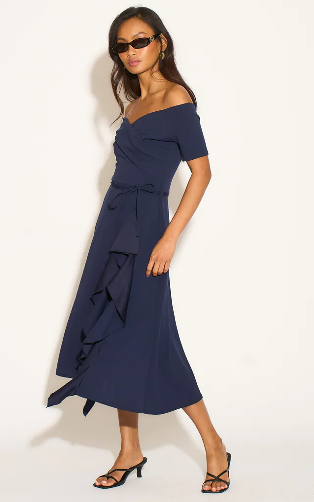 dusty blue bardot frill hem midi dress Bardot Aliyah Midi Dress Blue Dust US 8 AUD 12 Ruffle Hem Faux Wrap Prom Mermaid