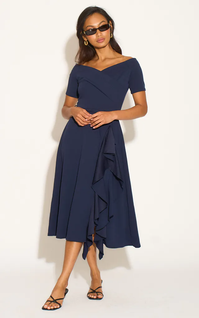 Exclusive Bardot Off Shoulder Frill Midi Dress Navy | Feverfish | SilkFred Exclusive Bardot Off Shoulder Frill Midi Dress Navy | Feverfish | SilkFred