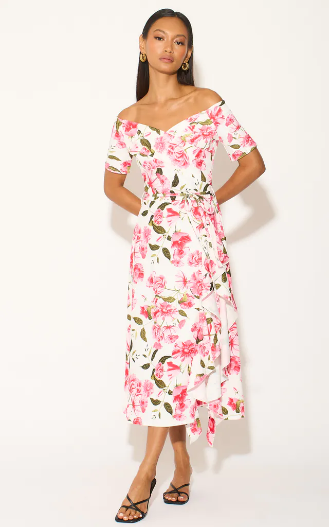 Bardot Frill Print Dress Pink Flower | Feverfish | SilkFred Bardot Frill Print Dress Pink Flower | Feverfish | SilkFred