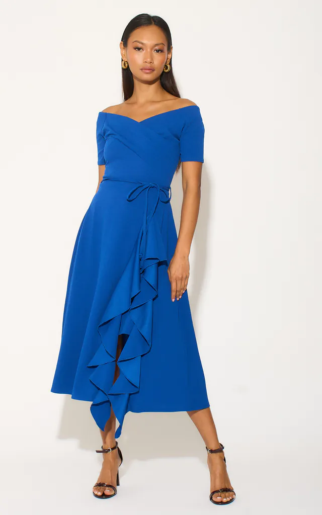 Exclusive Bardot Frill Midi Dress Dark Royal Blue | Feverfish | SilkFred Exclusive Bardot Frill Midi Dress Dark Royal Blue | Feverfish | SilkFred