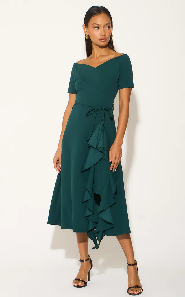 Exclusive Bardot Off Shoulder Frill Midi Dress Dark Green | Feverfish | SilkFred Exclusive Bardot Off Shoulder Frill Midi Dress Dark Green | Feverfish | SilkFred