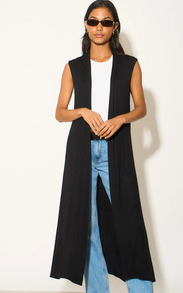 Black Longline Sleeveless Cardigan | AFTERSHOCK LONDON | SilkFred Black Longline Sleeveless Cardigan | AFTERSHOCK LONDON | SilkFred