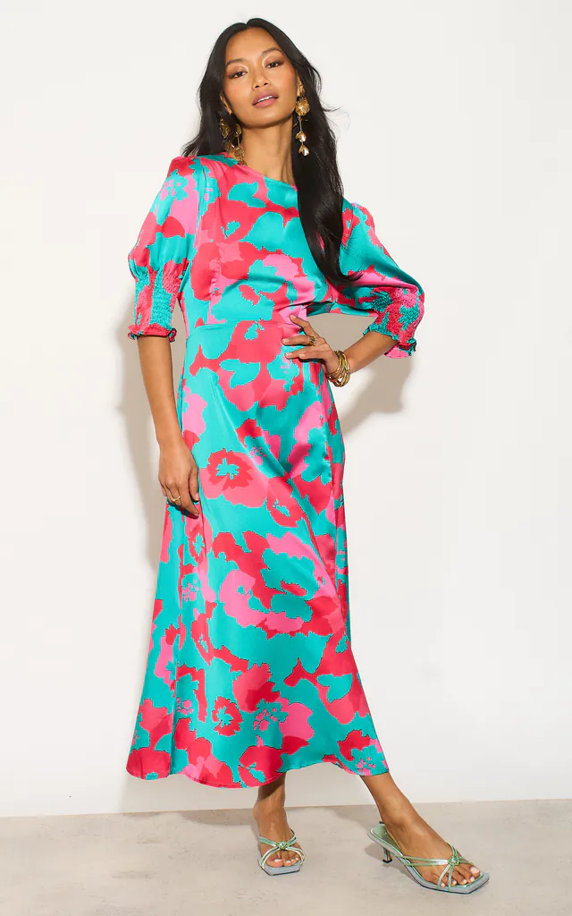 Hazel Midi Floral Tea Dress Turquoise & Hot Pink | Sarta | SilkFred Hazel Midi Floral Tea Dress Turquoise & Hot Pink | Sarta | SilkFred