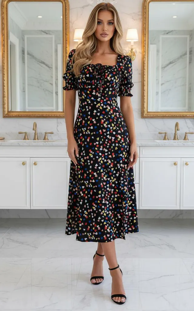 Heart print bardot midi dress with front tie bow fastening in black | D.Anna | SilkFred Heart print bardot midi dress with front tie bow fastening in black | D.Anna | SilkFred