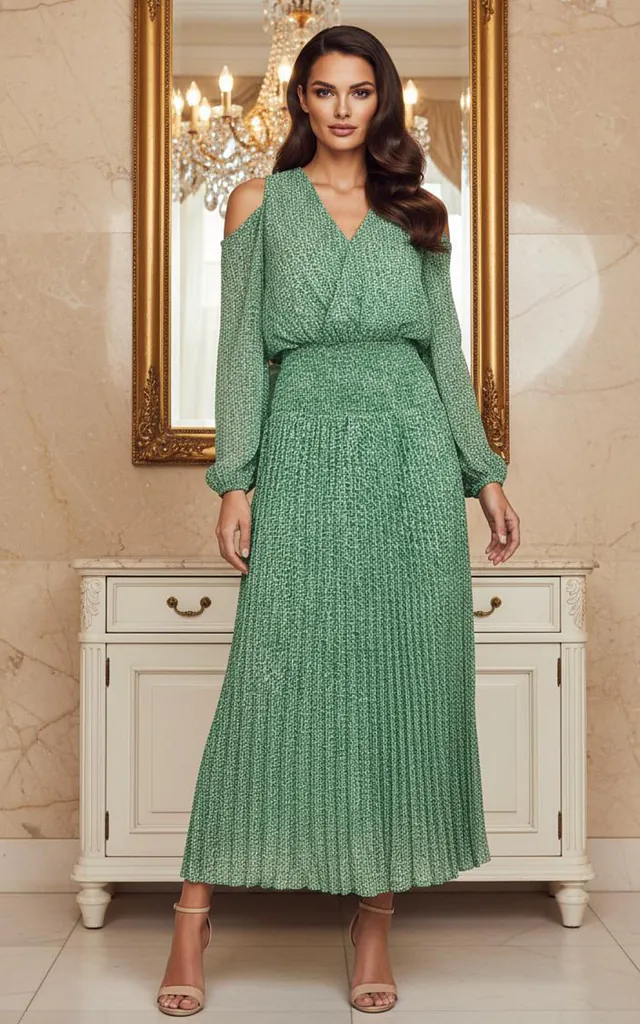 Green dobby cold shoulder dress | Traffic People | SilkFred Green dobby cold shoulder dress | Traffic People | SilkFred
