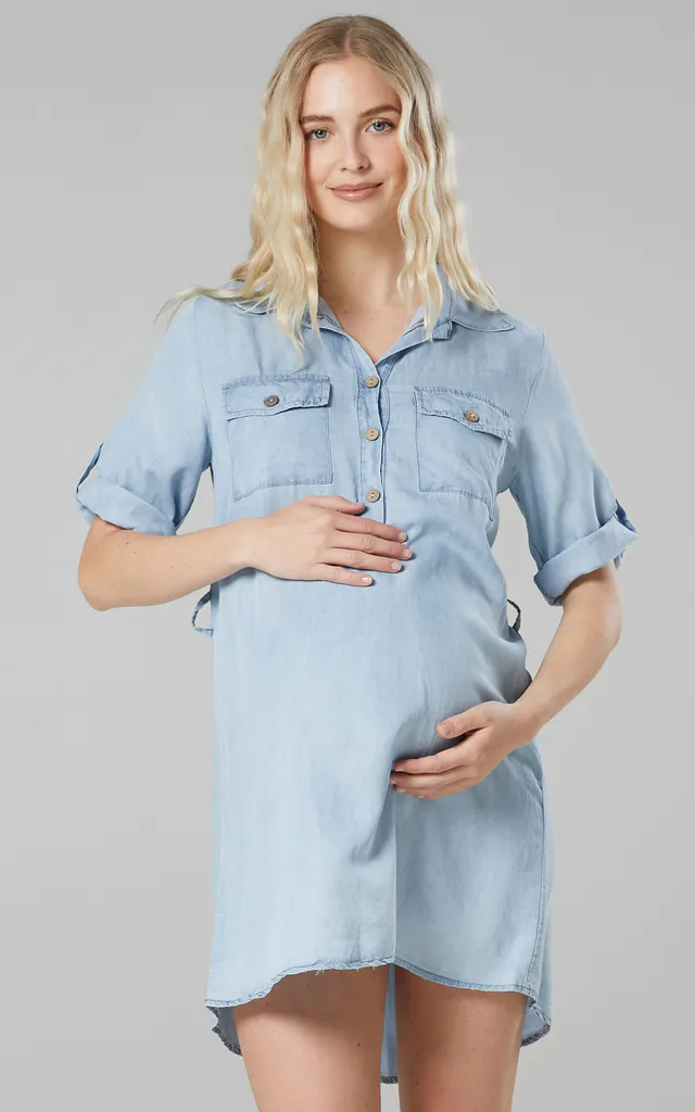 Maternity Denim Look Shirt Dress with Belt in Light Blue | Happy Mama | SilkFred Maternity Denim Look Shirt Dress with Belt in Light Blue | Happy Mama | SilkFred
