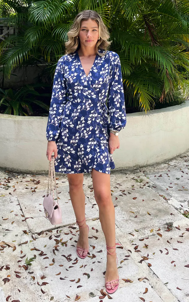 Long Sleeve Wrap Mini Dress in Navy Floral Print | Bella and Blue | SilkFred Long Sleeve Wrap Mini Dress in Navy Floral Print | Bella and Blue | SilkFred