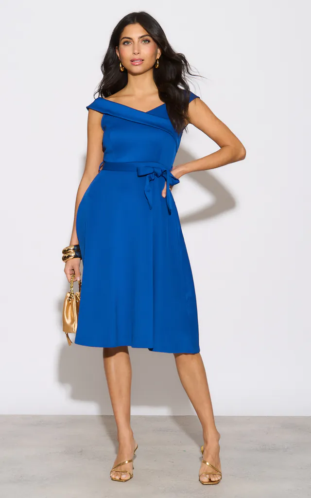 Blue Bardot Stretch Midi Skater Dress | Yumi | SilkFred Blue Bardot Stretch Midi Skater Dress | Yumi | SilkFred
