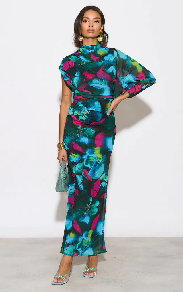Maya Green Printed asymmetric draped midi dress with in sleeve | Edie b. | SilkFred Maya Green Printed asymmetric draped midi dress with in sleeve | Edie b. | SilkFred