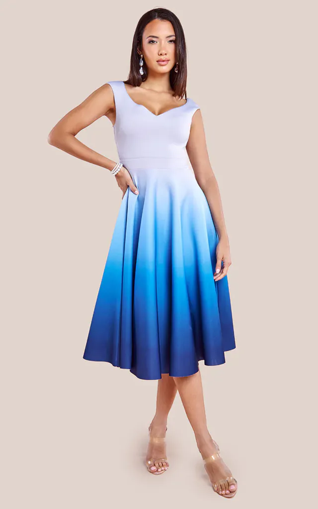 Ombre Scuba Foam Bardot A-Line Midi Dress in Light Blue | Goddiva | SilkFred Ombre Scuba Foam Bardot A-Line Midi Dress in Light Blue | Goddiva | SilkFred
