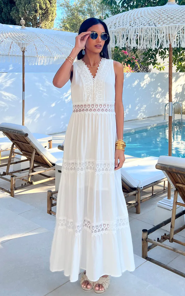 Crochet Lace Trim Cotton Midi summer Dress white | Yumi | SilkFred Crochet Lace Trim Cotton Midi summer Dress white | Yumi | SilkFred