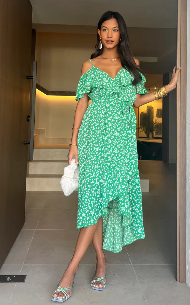 Green Ditsy Print Bardot Midi Dress With Dip Hem | Mela London | SilkFred Green Ditsy Print Bardot Midi Dress With Dip Hem | Mela London | SilkFred