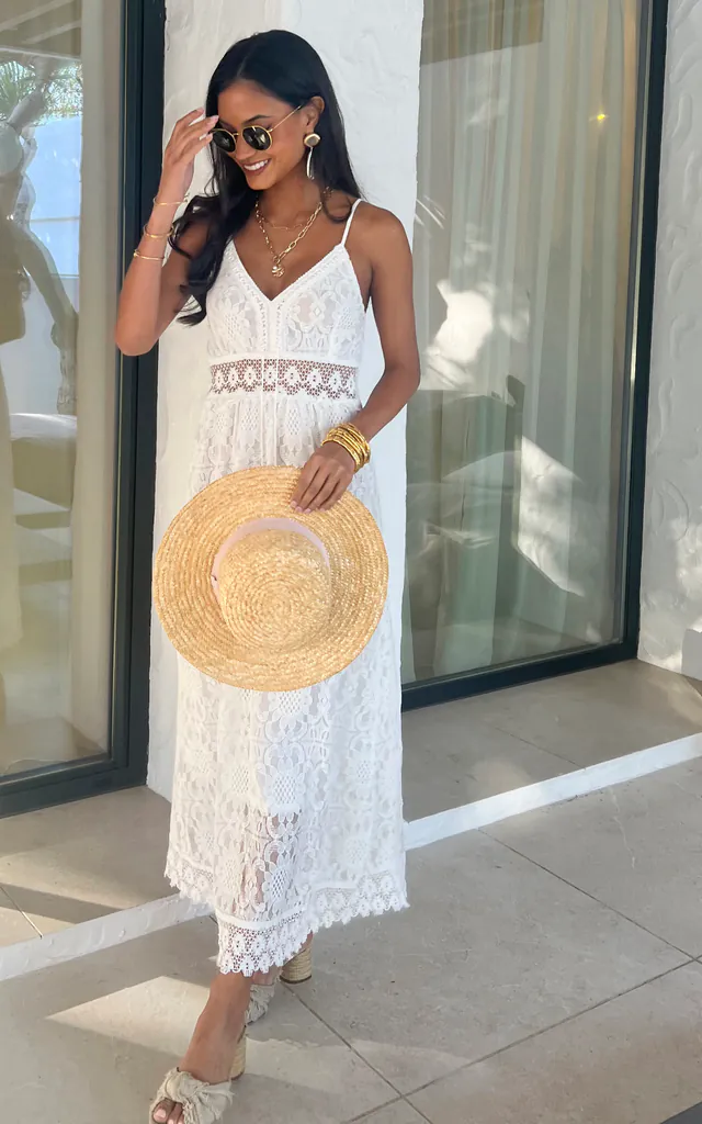 White Crochet Lace Midi Summer Dress With Tassel Tie and Ruched Back | Yumi | SilkFred White Crochet Lace Midi Summer Dress With Tassel Tie and Ruched Back | Yumi | SilkFred