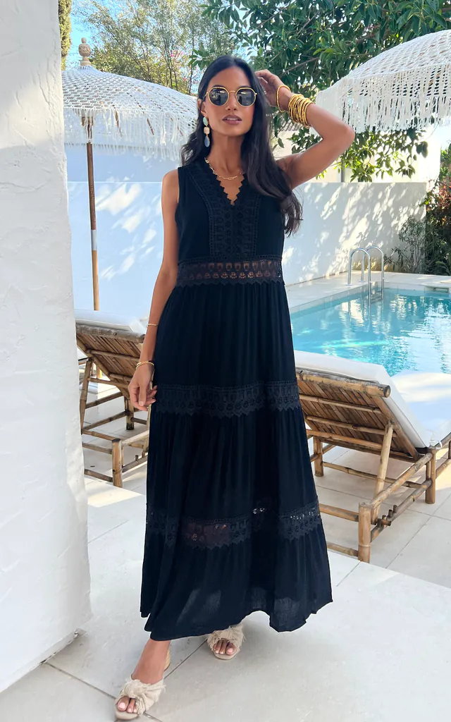 Crochet Lace Trim Cotton Summer Midi Dress Black | Yumi | SilkFred Crochet Lace Trim Cotton Summer Midi Dress Black | Yumi | SilkFred