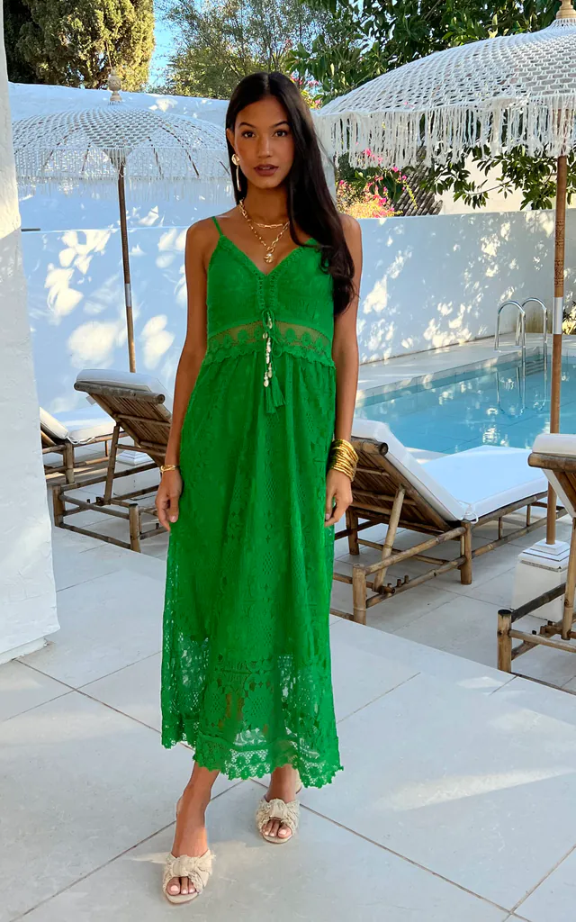Green Crochet Lace Midi Summer Dress With Tassel Tie and Ruched Back | Yumi | SilkFred Green Crochet Lace Midi Summer Dress With Tassel Tie and Ruched Back | Yumi | SilkFred