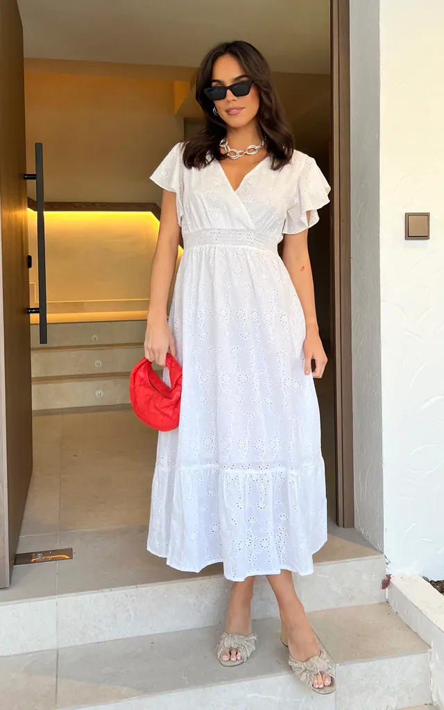 White Cotton Broderie Anglaise Wrap Midi Dress | Yumi | SilkFred White Cotton Broderie Anglaise Wrap Midi Dress | Yumi | SilkFred