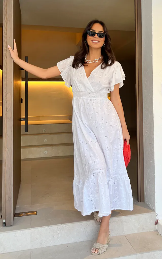 White Cotton Broderie Anglaise Wrap Midi Dress | Yumi | SilkFred White Cotton Broderie Anglaise Wrap Midi Dress | Yumi | SilkFred